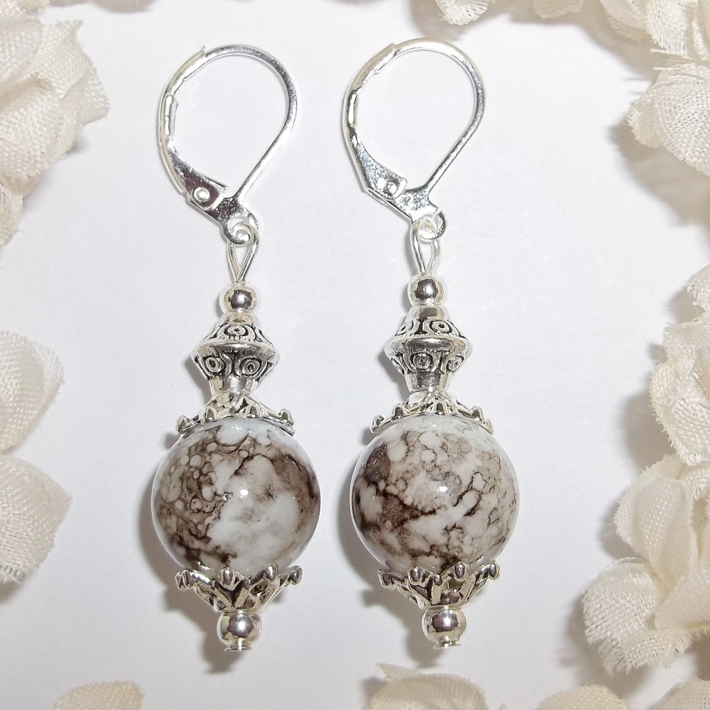 White & Brown Beaded Earrings Handmade Set 5015